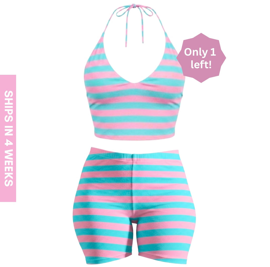 Blue and Pink Striped Tank Top Halter Top 2-Piece Set (Bubblegum) (Pre-order)