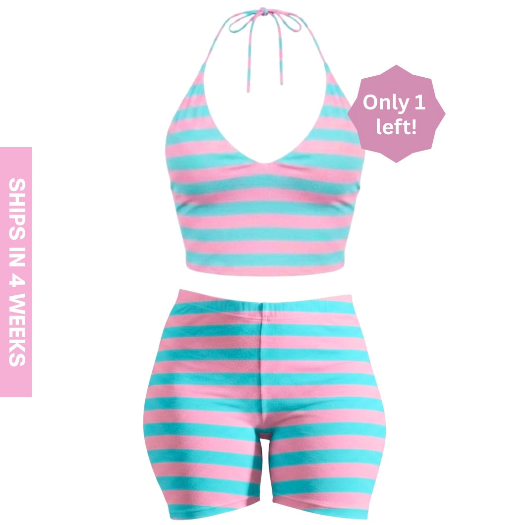 Blue and Pink Striped Tank Top Halter Top 2-Piece Set (Bubblegum) (Pre-order)